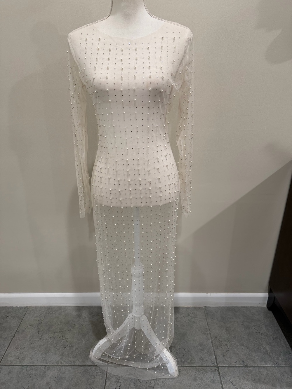 Sheer Maxi Dress Cover Up M Ivory Rhinestone Pearl Long Sleeve Bridal Wedding